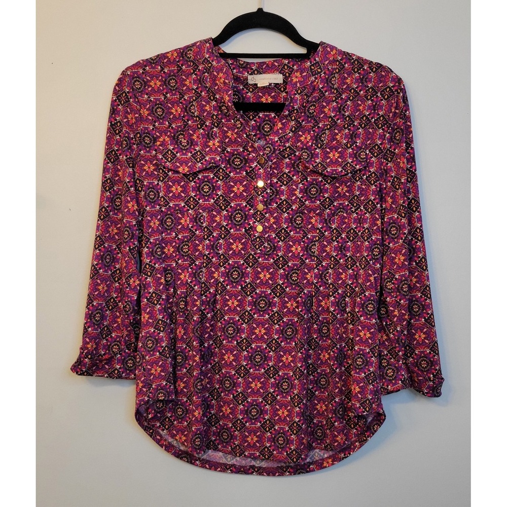 db established 1962 Kaleidoscope Geometric Roll Tab Blouse Purple Petite M